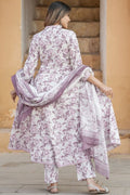 Ivory & Lilac Purple Floral Cotton Voile Kurta Set with Dupatta KF