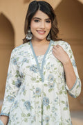 Ivory & Pastel Blue Floral Cotton Voile Kurta Set with Dupatta KF