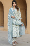 Ivory & Pastel Blue Floral Cotton Voile Kurta Set with Dupatta KF
