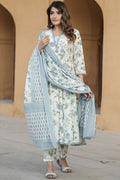 Ivory & Pastel Blue Floral Cotton Voile Kurta Set with Dupatta KF