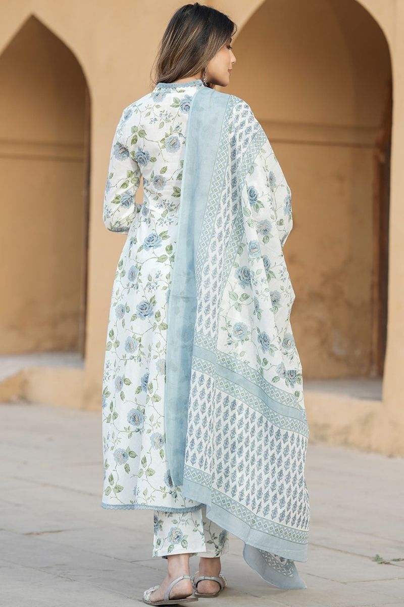 Ivory & Pastel Blue Floral Cotton Voile Kurta Set with Dupatta KF