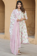 Ivory & Pastel Pink Floral Cotton Voile Kurta Set with Dupatta KF