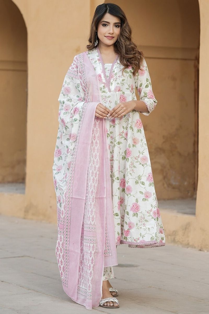 Ivory & Pastel Pink Floral Cotton Voile Kurta Set with Dupatta KF