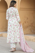 Ivory & Pastel Pink Floral Cotton Voile Kurta Set with Dupatta KF