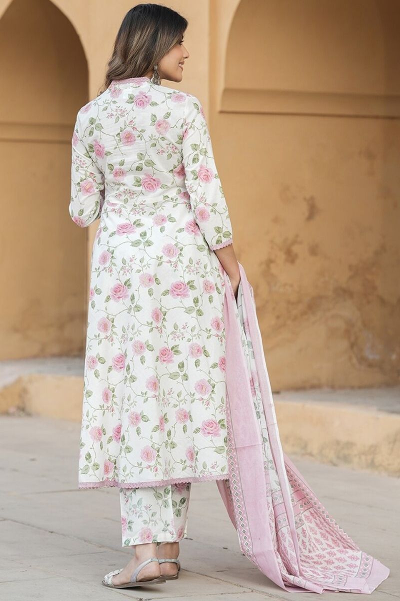 Ivory & Pastel Pink Floral Cotton Voile Kurta Set with Dupatta KF