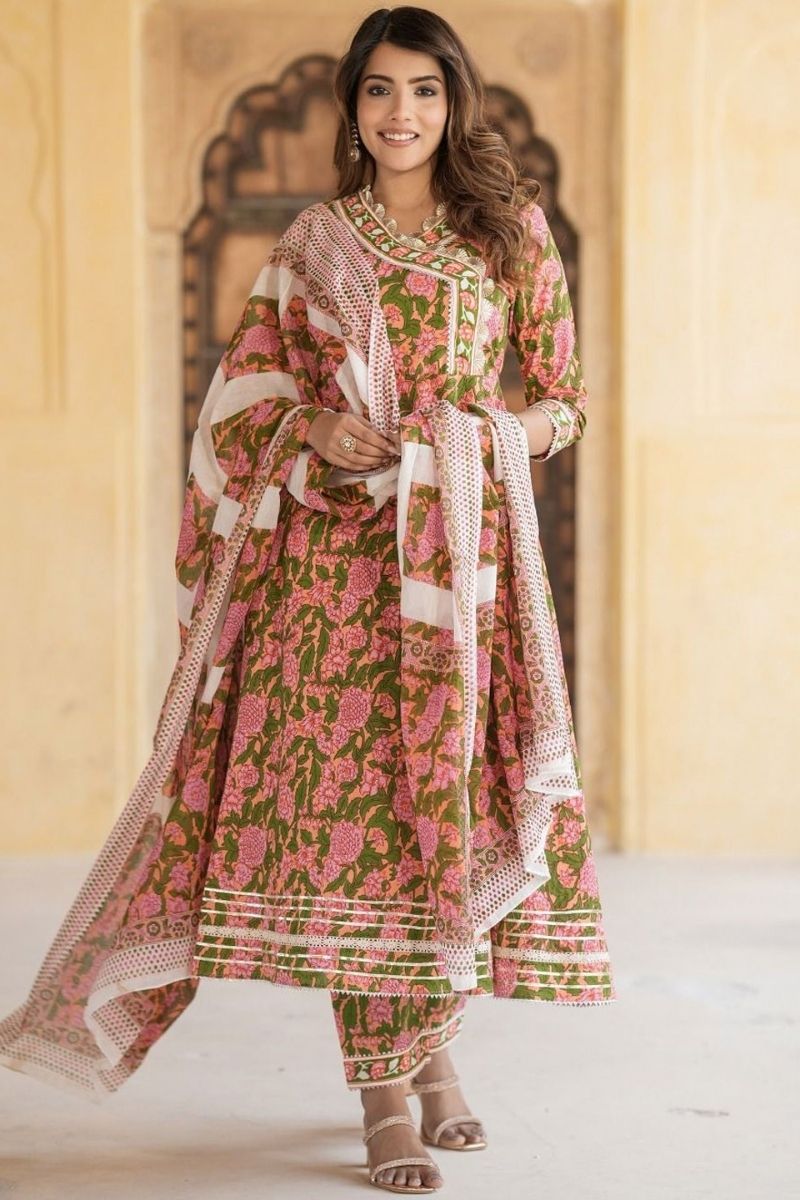 Blush Pink & Olive Green Floral Cotton Voile Kurta Set with Dupatta (S–6XL) KF