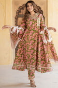 Blush Pink & Olive Green Floral Cotton Voile Kurta Set with Dupatta (S–6XL) KF