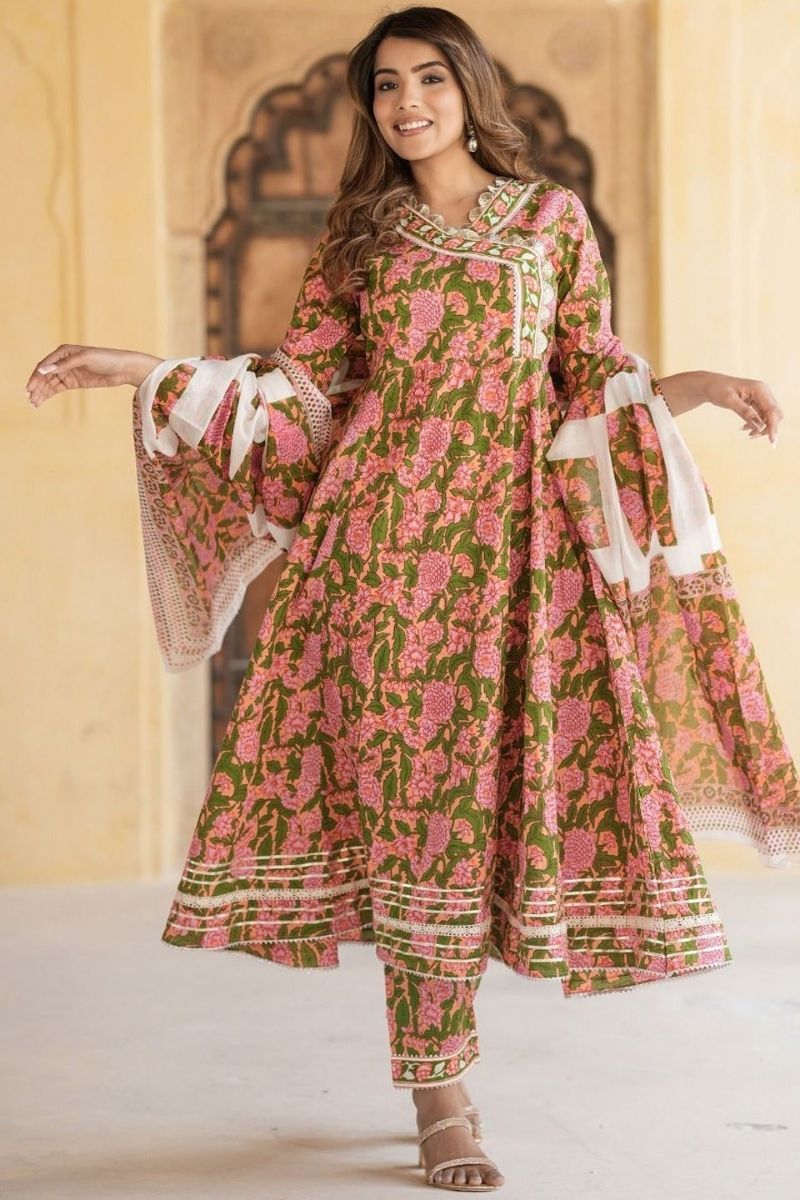 Blush Pink & Olive Green Floral Cotton Voile Kurta Set with Dupatta (S–6XL) KF