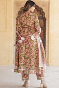 Blush Pink & Olive Green Floral Cotton Voile Kurta Set with Dupatta (S–6XL) KF