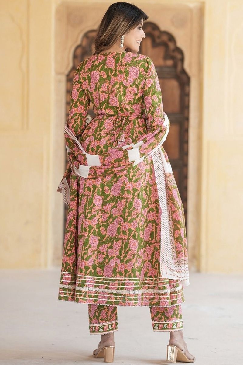 Blush Pink & Olive Green Floral Cotton Voile Kurta Set with Dupatta (S–6XL) KF