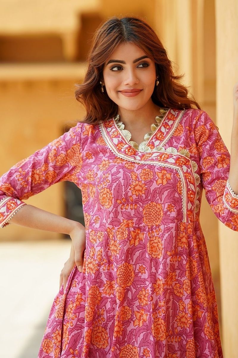 Blush Pink & Orange Floral Cotton Voile Kurta Set with Dupatta KF
