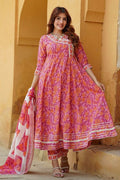 Blush Pink & Orange Floral Cotton Voile Kurta Set with Dupatta KF