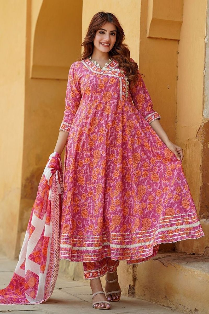 Blush Pink & Orange Floral Cotton Voile Kurta Set with Dupatta KF