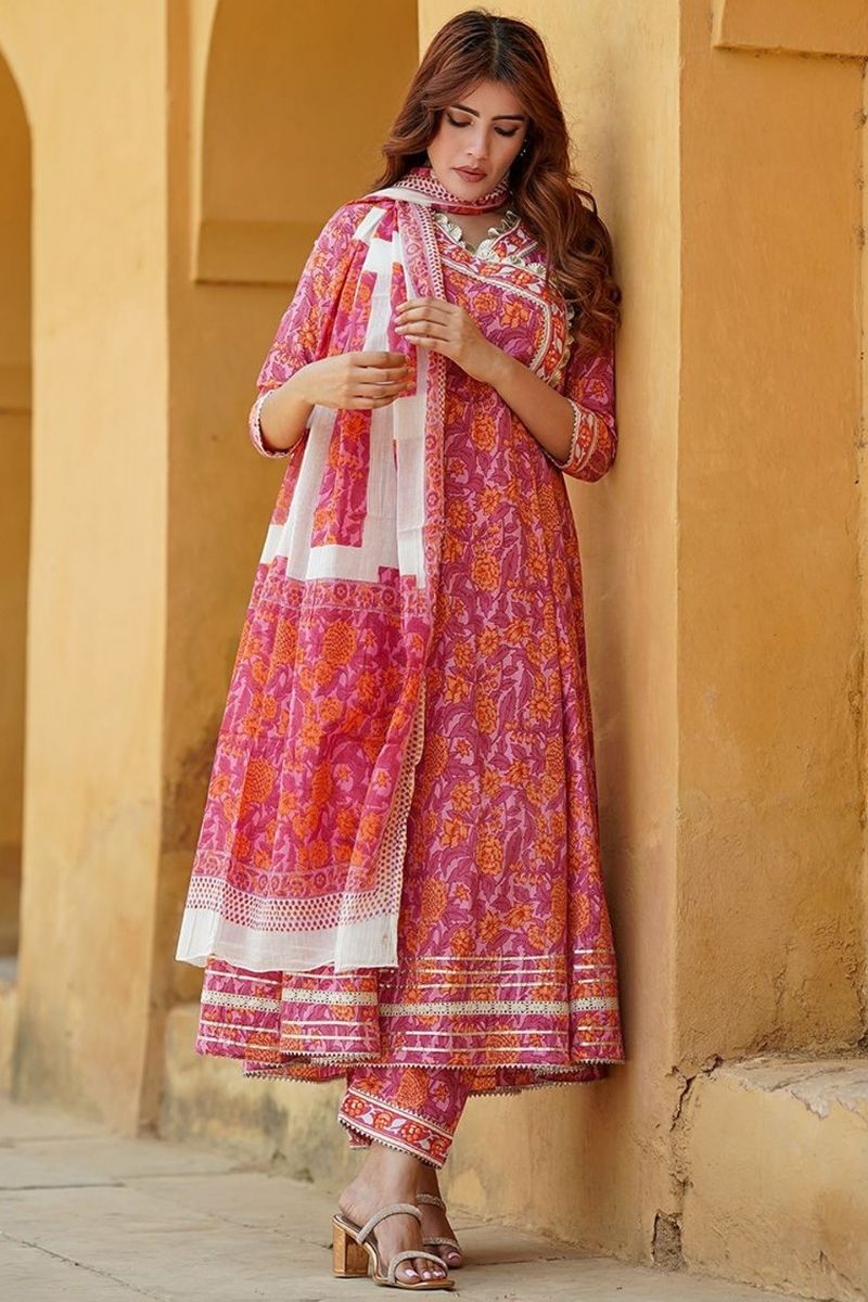 Blush Pink & Orange Floral Cotton Voile Kurta Set with Dupatta KF