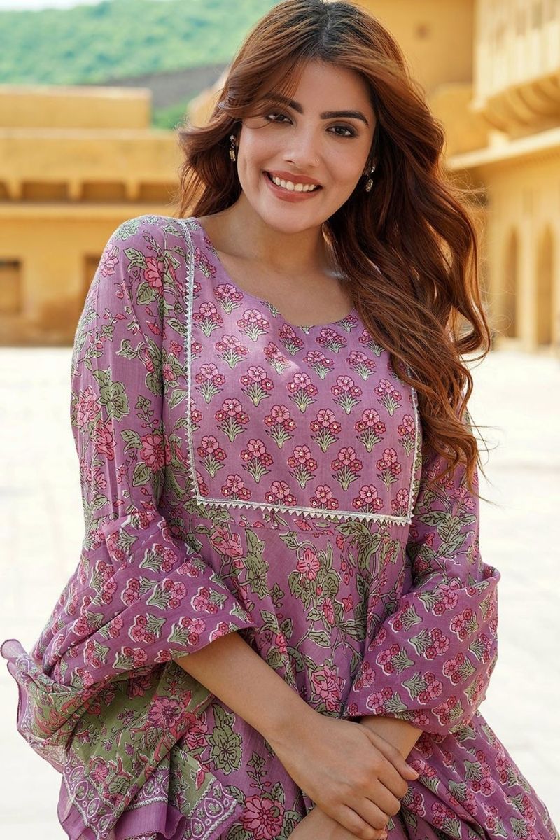 Mauve Purple Floral Cotton Voile Kurta Set with Dupatta KF