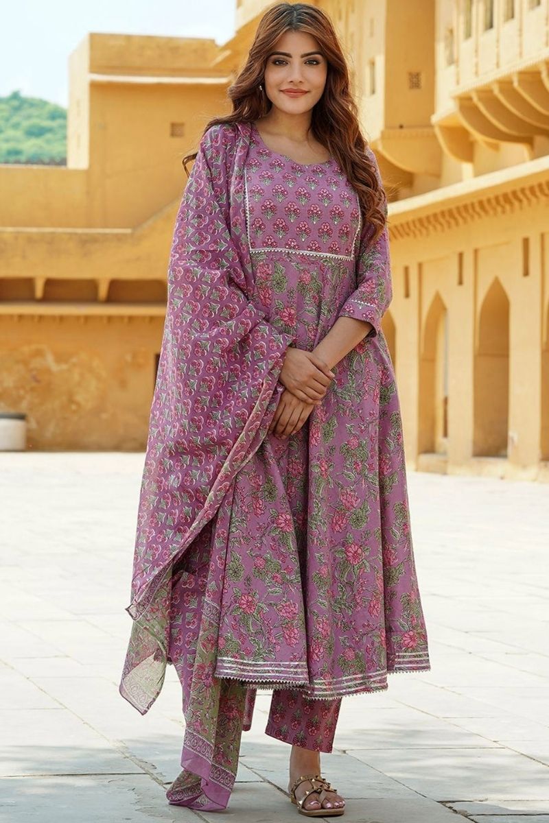 Mauve Purple Floral Cotton Voile Kurta Set with Dupatta KF