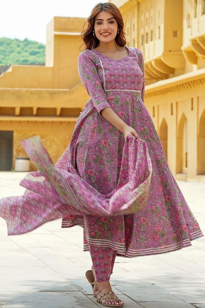 Mauve Purple Floral Cotton Voile Kurta Set with Dupatta KF