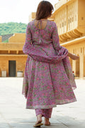 Mauve Purple Floral Cotton Voile Kurta Set with Dupatta KF