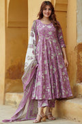 Dusty Mauve Purple Floral Cotton Voile Kurta Set with Dupatta KF