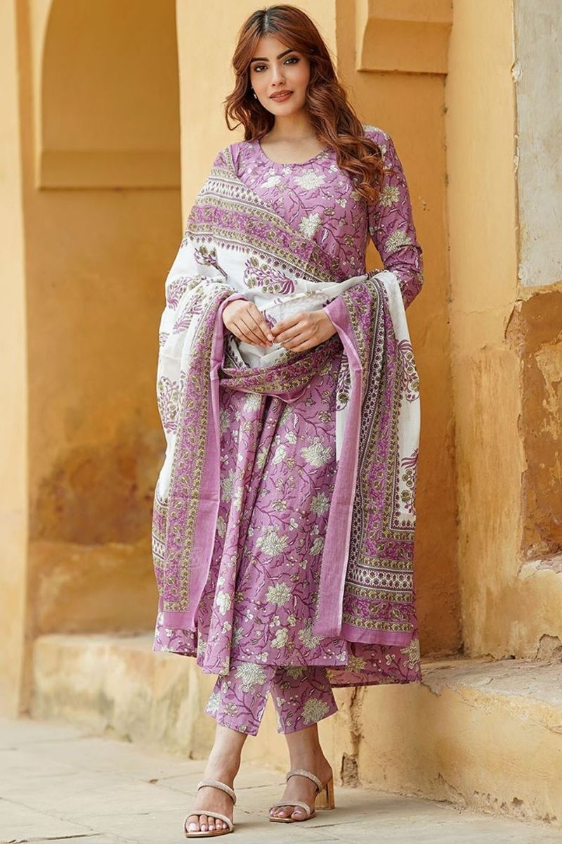 Dusty Mauve Purple Floral Cotton Voile Kurta Set with Dupatta KF