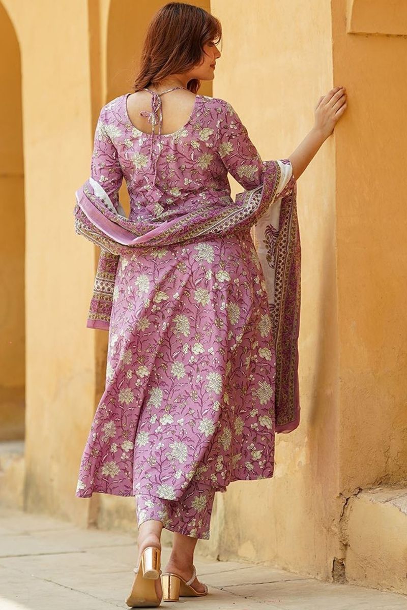 Dusty Mauve Purple Floral Cotton Voile Kurta Set with Dupatta KF