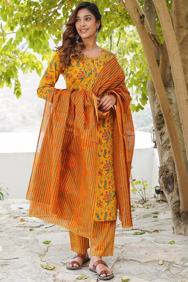 Yellow Pure Cotton Printed Salwar Kameez Set with Dupatta – Ready-made Ethnic Suit KF