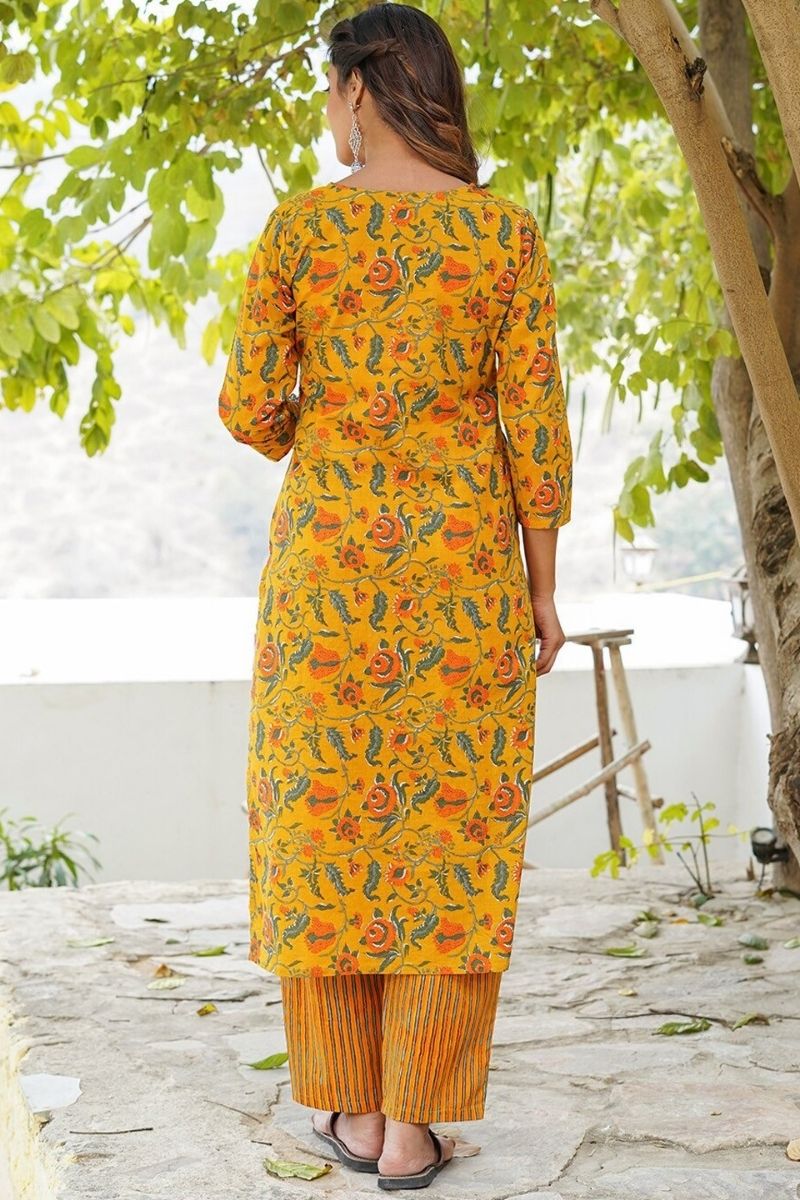 Yellow Pure Cotton Printed Salwar Kameez Set with Dupatta – Ready-made Ethnic Suit KF