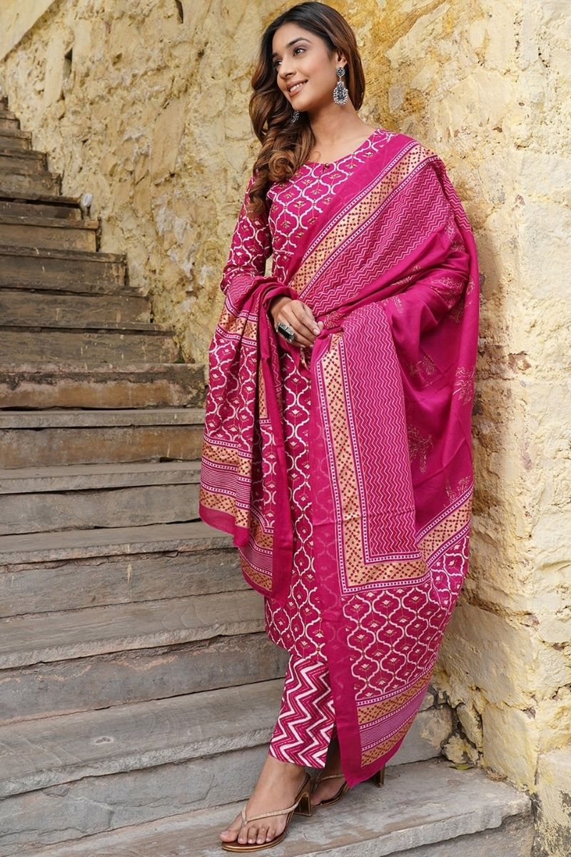 Pink Viscose Rayon Printed Salwar Kameez Set with Dupatta – Ready-made Ethnic Suit KF