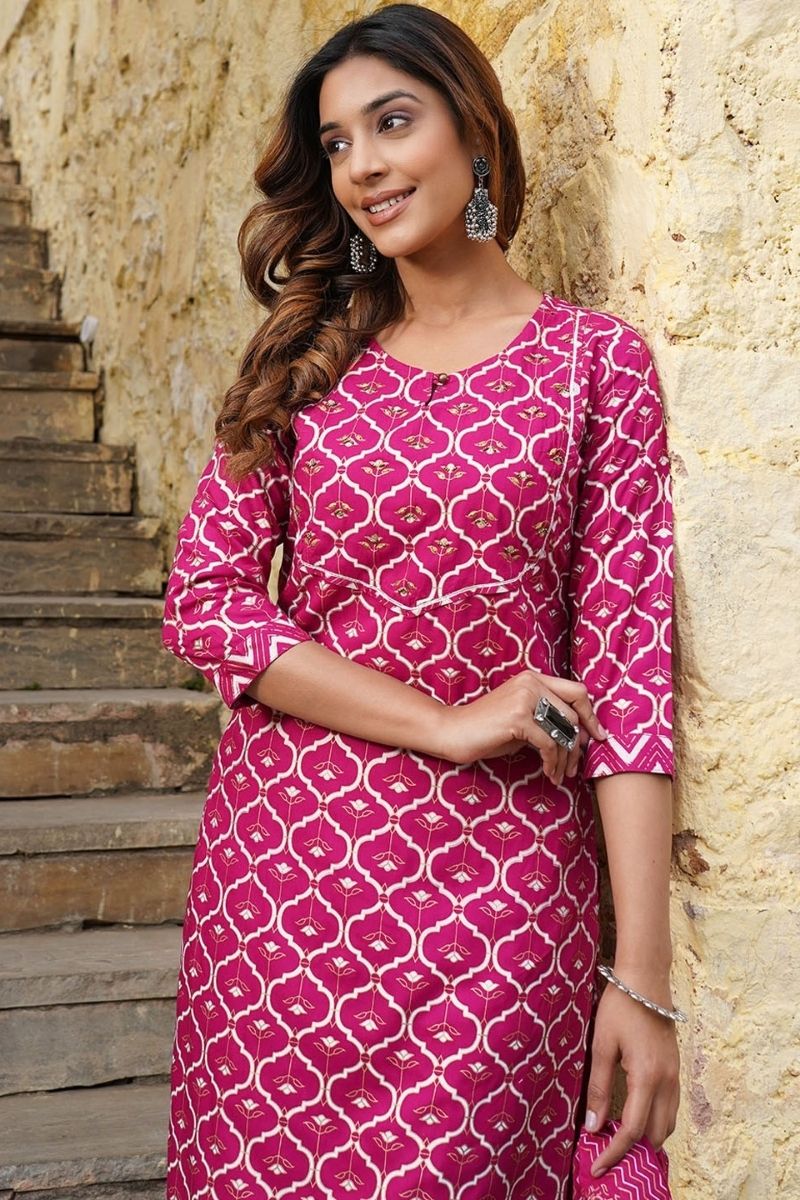 Pink Viscose Rayon Printed Salwar Kameez Set with Dupatta – Ready-made Ethnic Suit KF