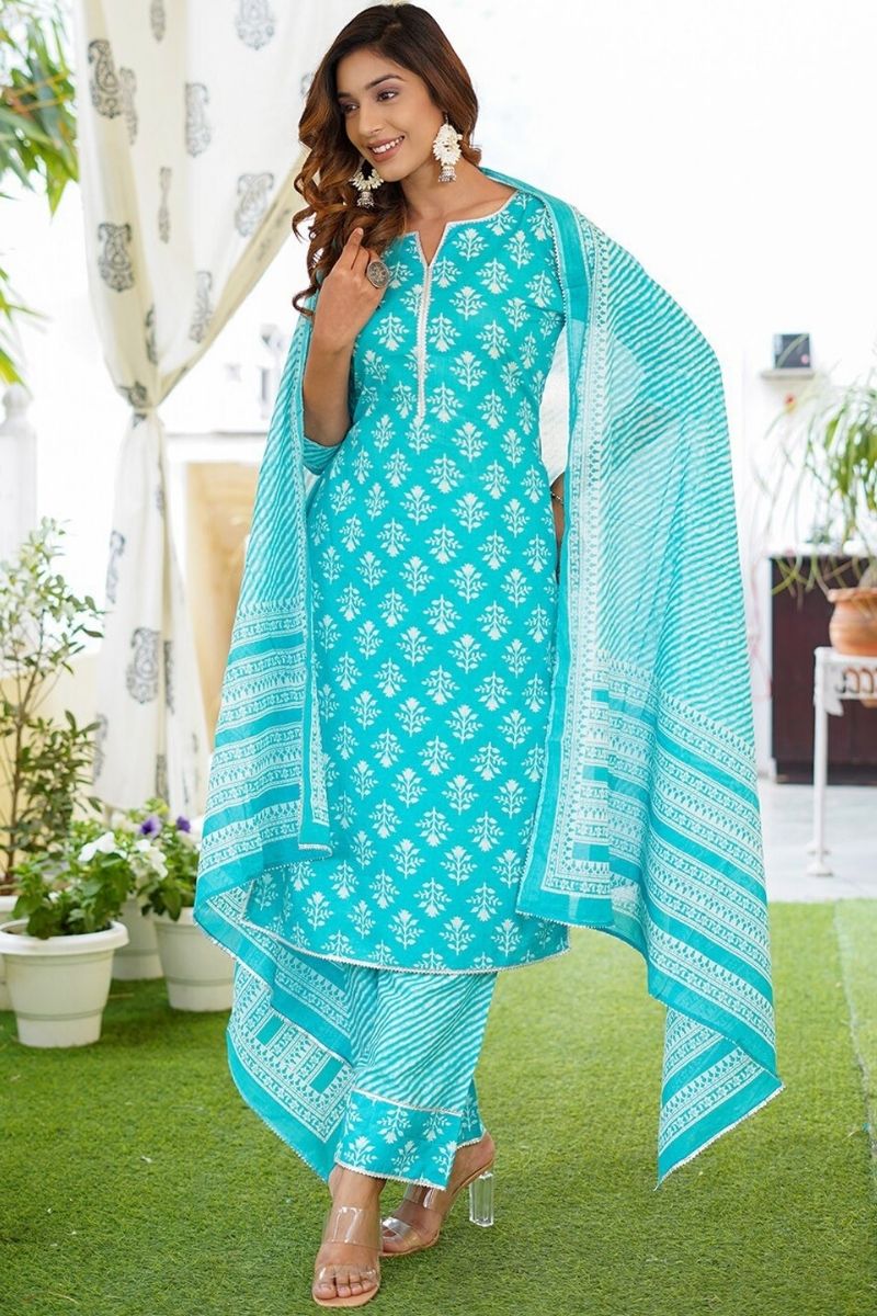Blue Pure Cotton Printed Salwar Kameez Set with Dupatta – Ready-made Ethnic Suit KF