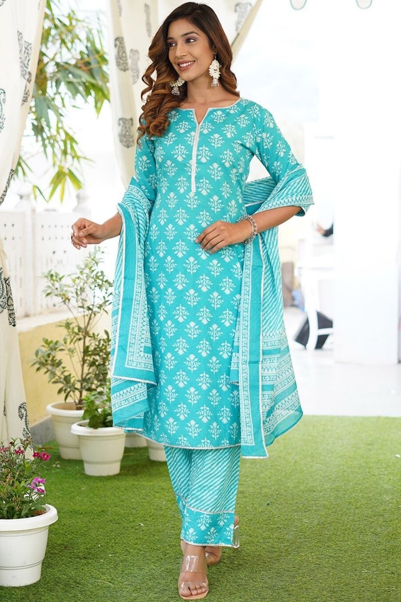 Blue Pure Cotton Printed Salwar Kameez Set with Dupatta – Ready-made Ethnic Suit KF