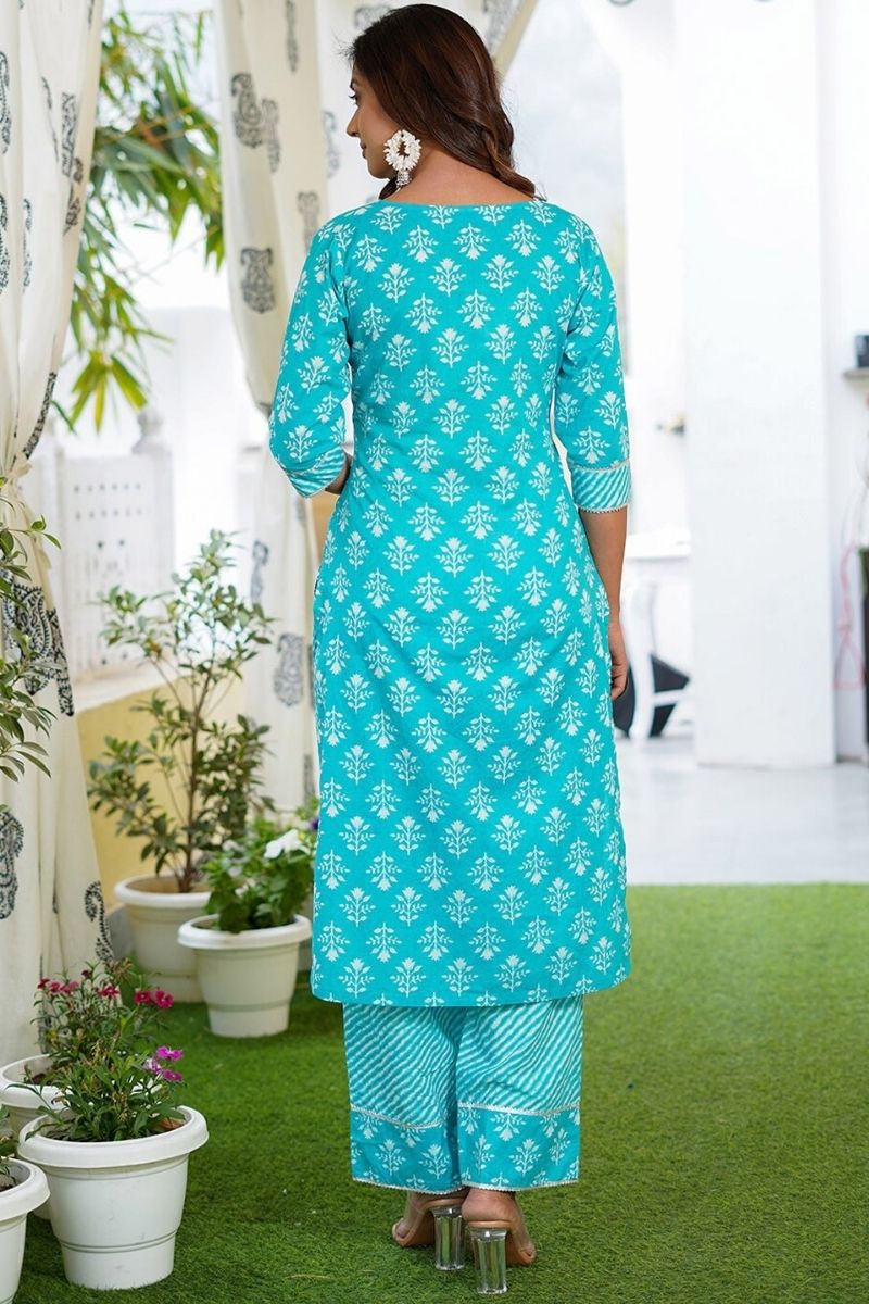 Blue Pure Cotton Printed Salwar Kameez Set with Dupatta – Ready-made Ethnic Suit KF