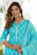 Blue Pure Cotton Printed Salwar Kameez Set with Dupatta – Ready-made Ethnic Suit KF