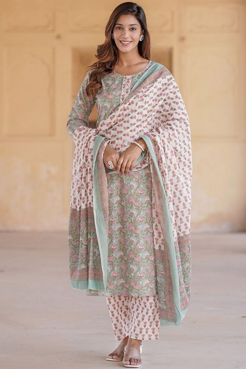 Multi Colour Pure Cotton Floral Printed Salwar Kameez Set with Dupatta – Ready-made Ethnic Suit KF