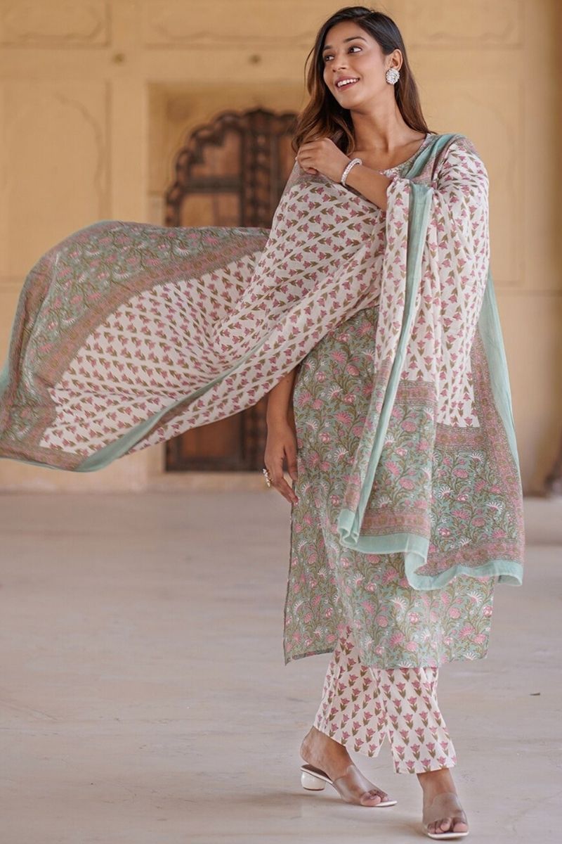 Multi Colour Pure Cotton Floral Printed Salwar Kameez Set with Dupatta – Ready-made Ethnic Suit KF
