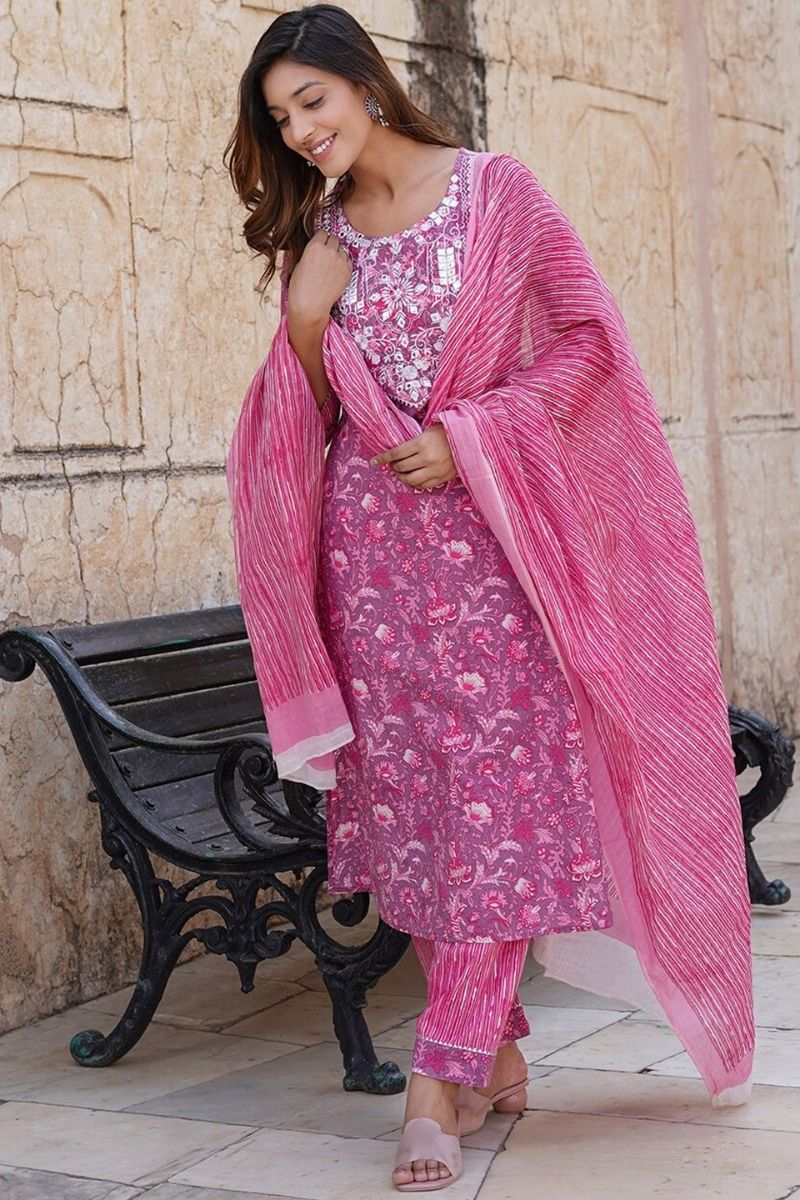 Pink Pure Cotton Printed Salwar Kameez Set with Cotton Voile Dupatta – Ready-made Ethnic Suit KF