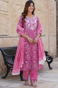 Pink Pure Cotton Printed Salwar Kameez Set with Cotton Voile Dupatta – Ready-made Ethnic Suit KF
