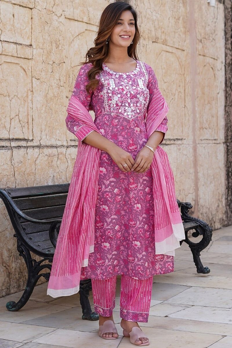 Pink Pure Cotton Printed Salwar Kameez Set with Cotton Voile Dupatta – Ready-made Ethnic Suit KF