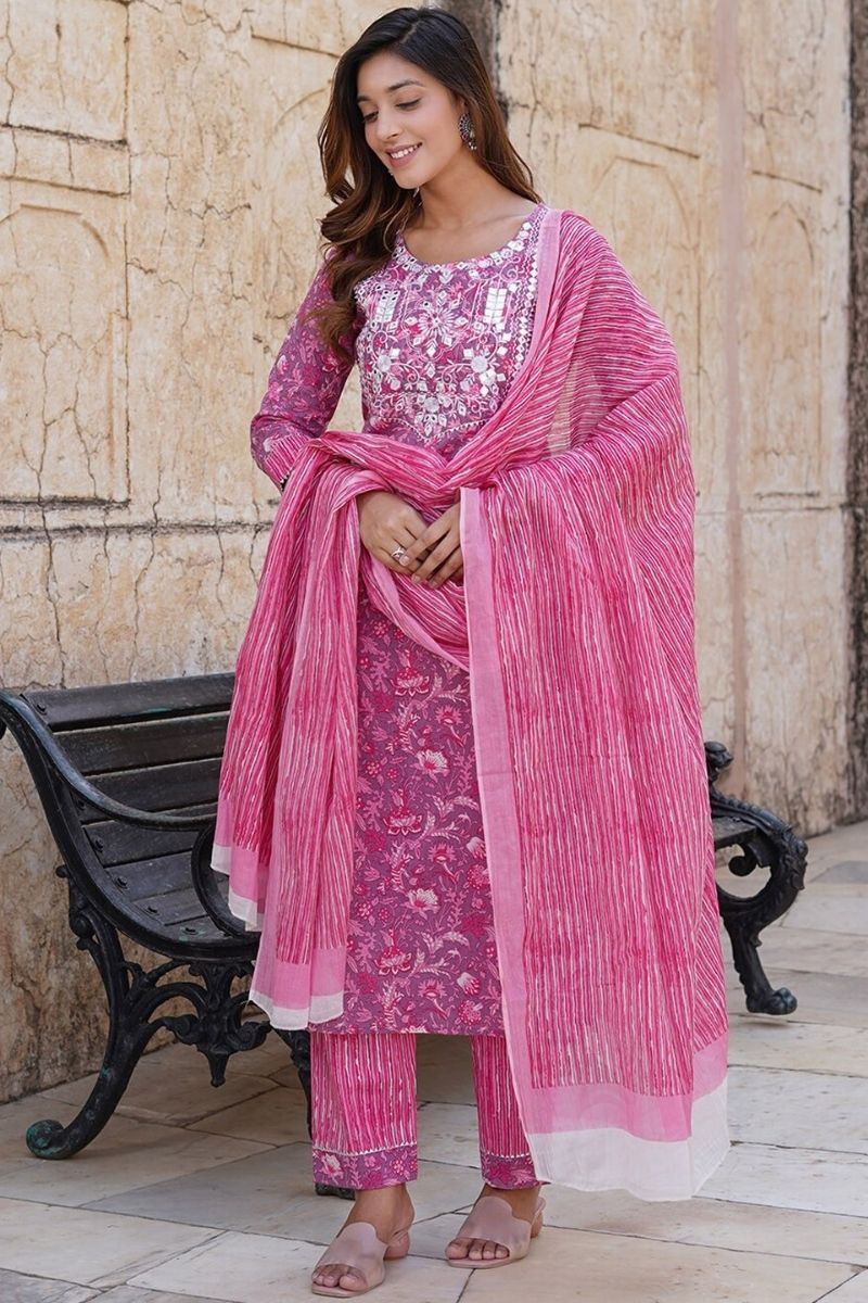 Pink Pure Cotton Printed Salwar Kameez Set with Cotton Voile Dupatta – Ready-made Ethnic Suit KF