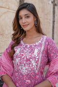 Pink Pure Cotton Printed Salwar Kameez Set with Cotton Voile Dupatta – Ready-made Ethnic Suit KF