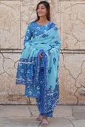 Blue Pure Cotton Printed Salwar Kameez Set with Cotton Voile Dupatta – Ready-made Ethnic Suit KF