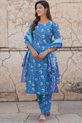 Blue Pure Cotton Printed Salwar Kameez Set with Cotton Voile Dupatta – Ready-made Ethnic Suit KF