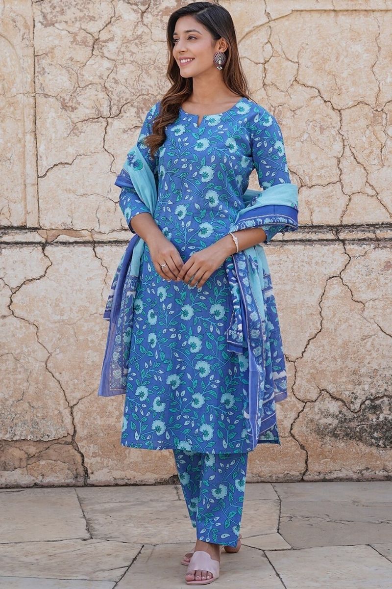 Blue Pure Cotton Printed Salwar Kameez Set with Cotton Voile Dupatta – Ready-made Ethnic Suit KF