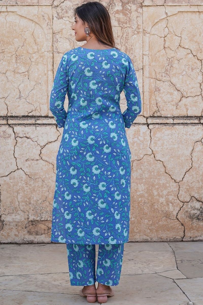 Blue Pure Cotton Printed Salwar Kameez Set with Cotton Voile Dupatta – Ready-made Ethnic Suit KF