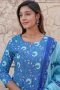 Blue Pure Cotton Printed Salwar Kameez Set with Cotton Voile Dupatta – Ready-made Ethnic Suit KF
