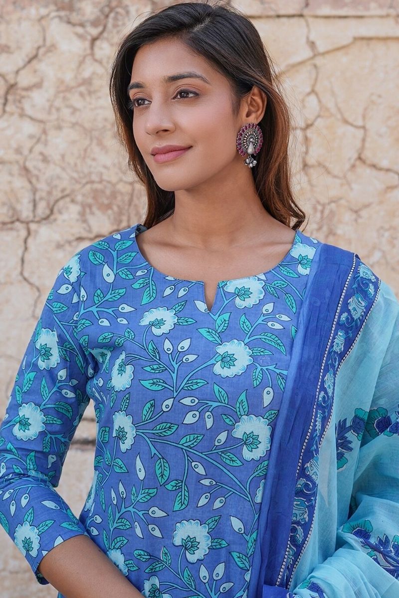 Blue Pure Cotton Printed Salwar Kameez Set with Cotton Voile Dupatta – Ready-made Ethnic Suit KF