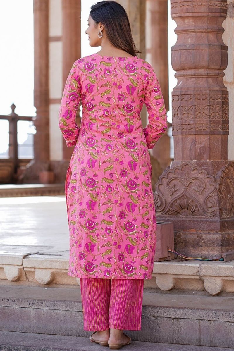 Pink Floral Printed Pure Cotton Readymade Salwar Suit with Dupatta KF