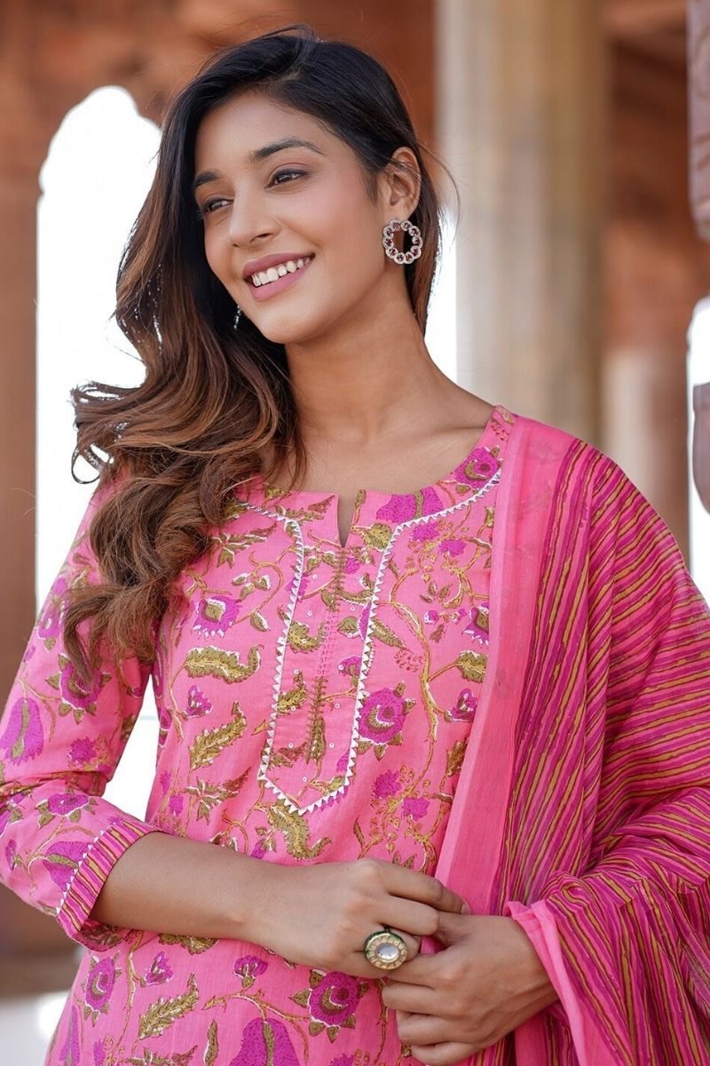 Pink Floral Printed Pure Cotton Readymade Salwar Suit with Dupatta KF