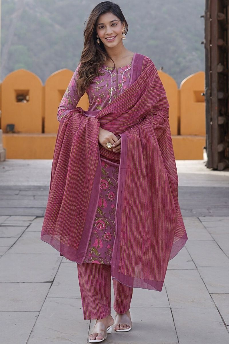 Dusty Mauve Pink Floral Printed Pure Cotton Readymade Salwar Suit with Dupatta KF