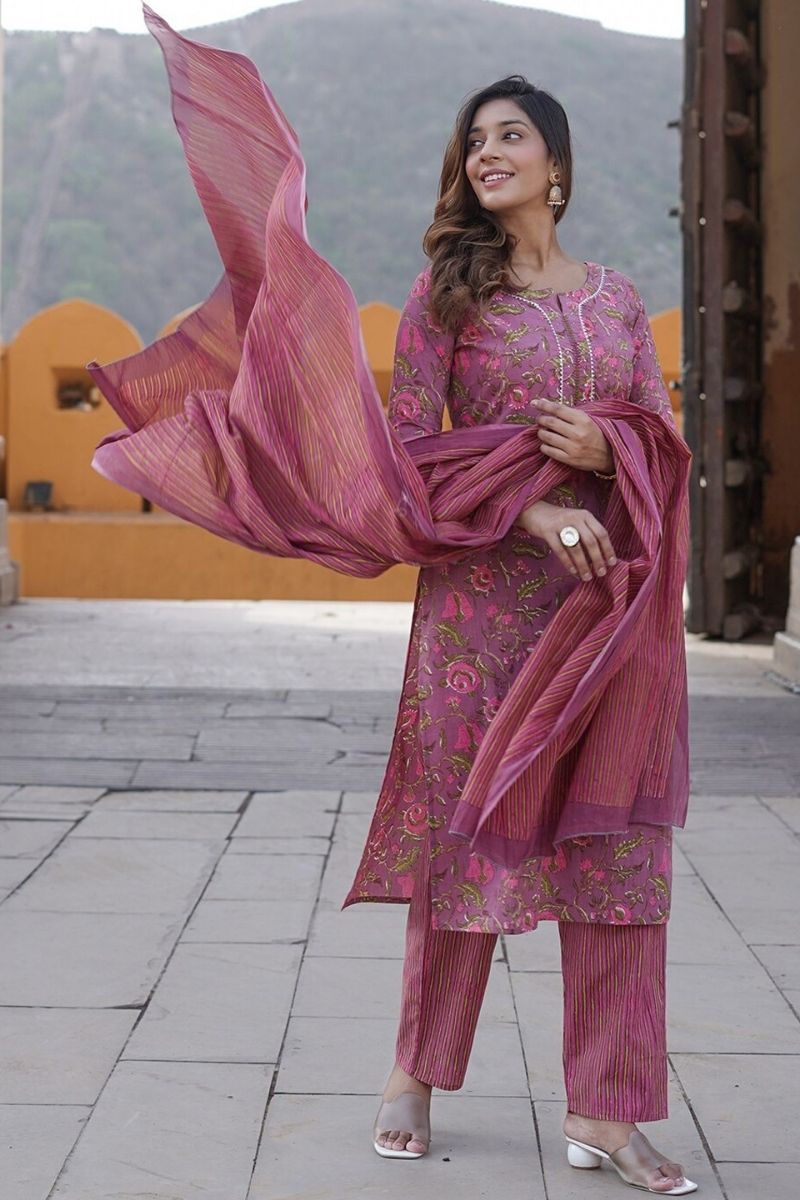 Dusty Mauve Pink Floral Printed Pure Cotton Readymade Salwar Suit with Dupatta KF